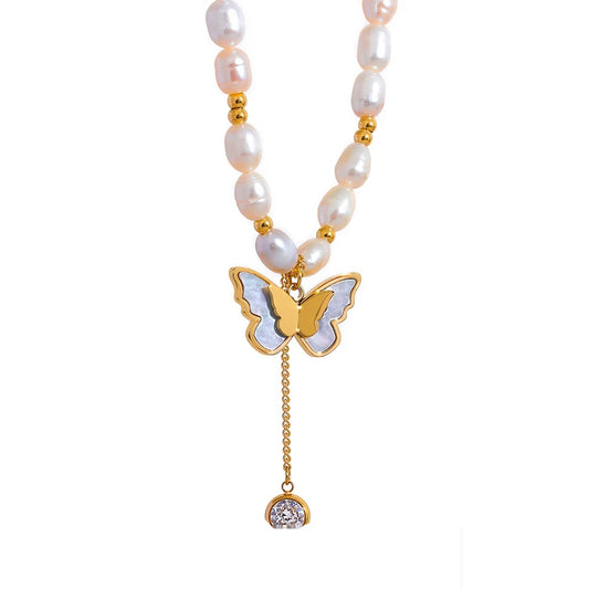 Freshwater pearl chain butterfly pendant necklace - product image