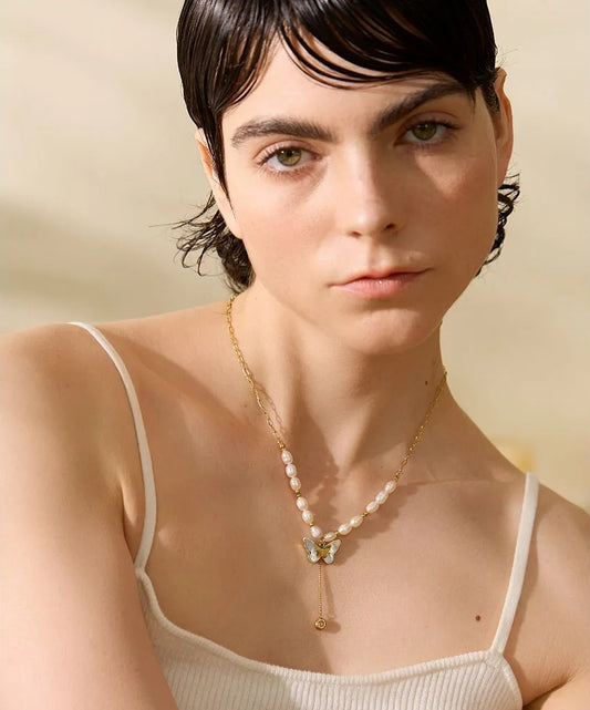 Freshwater pearl chain butterfly pendant necklace - product image