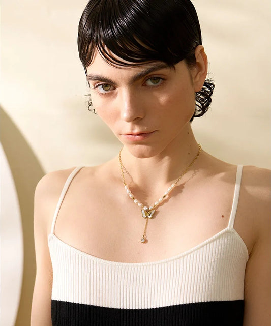Freshwater pearl chain butterfly pendant necklace - product image