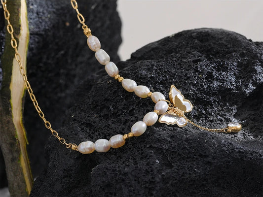 Freshwater pearl chain butterfly pendant necklace - product image