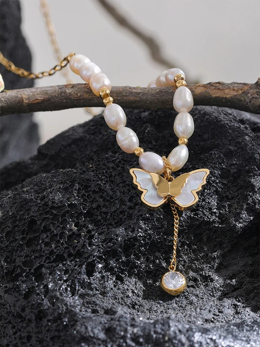 Freshwater pearl chain butterfly pendant necklace - product image