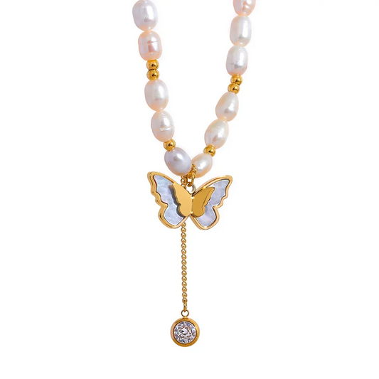 Freshwater pearl chain butterfly pendant necklace - product image