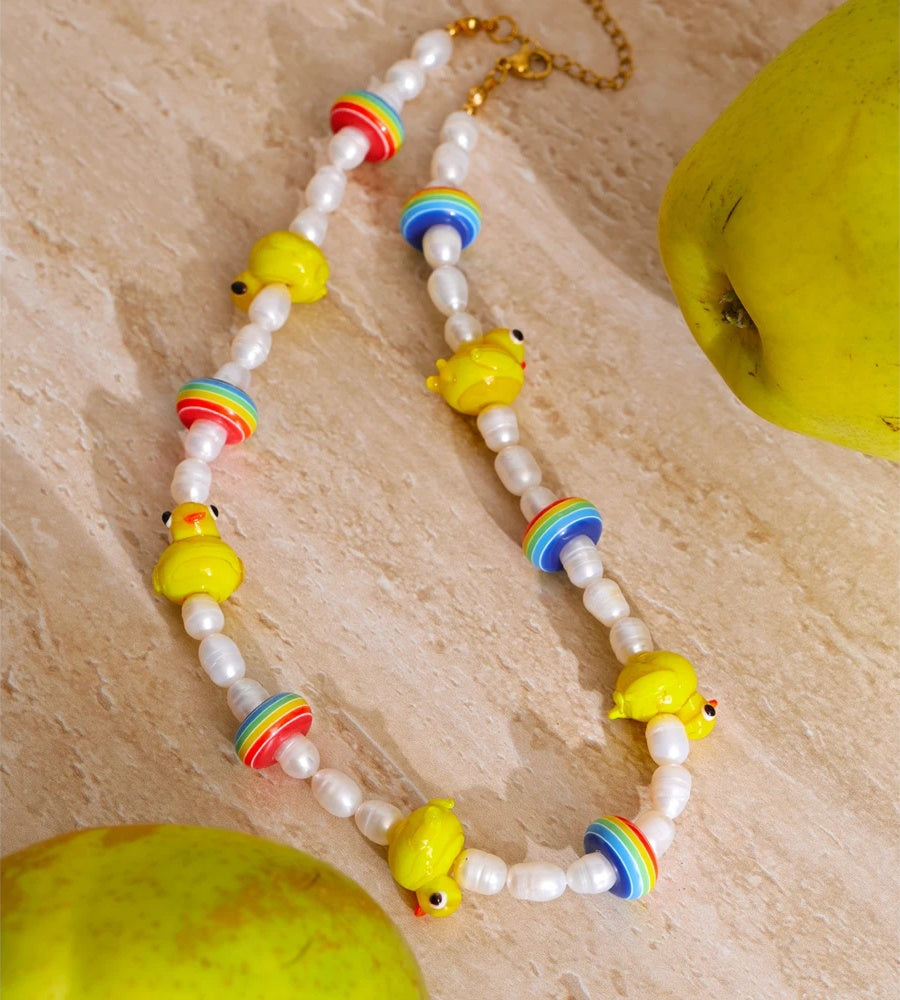 Freshwater pearls yellow duck beads chain necklace - product image