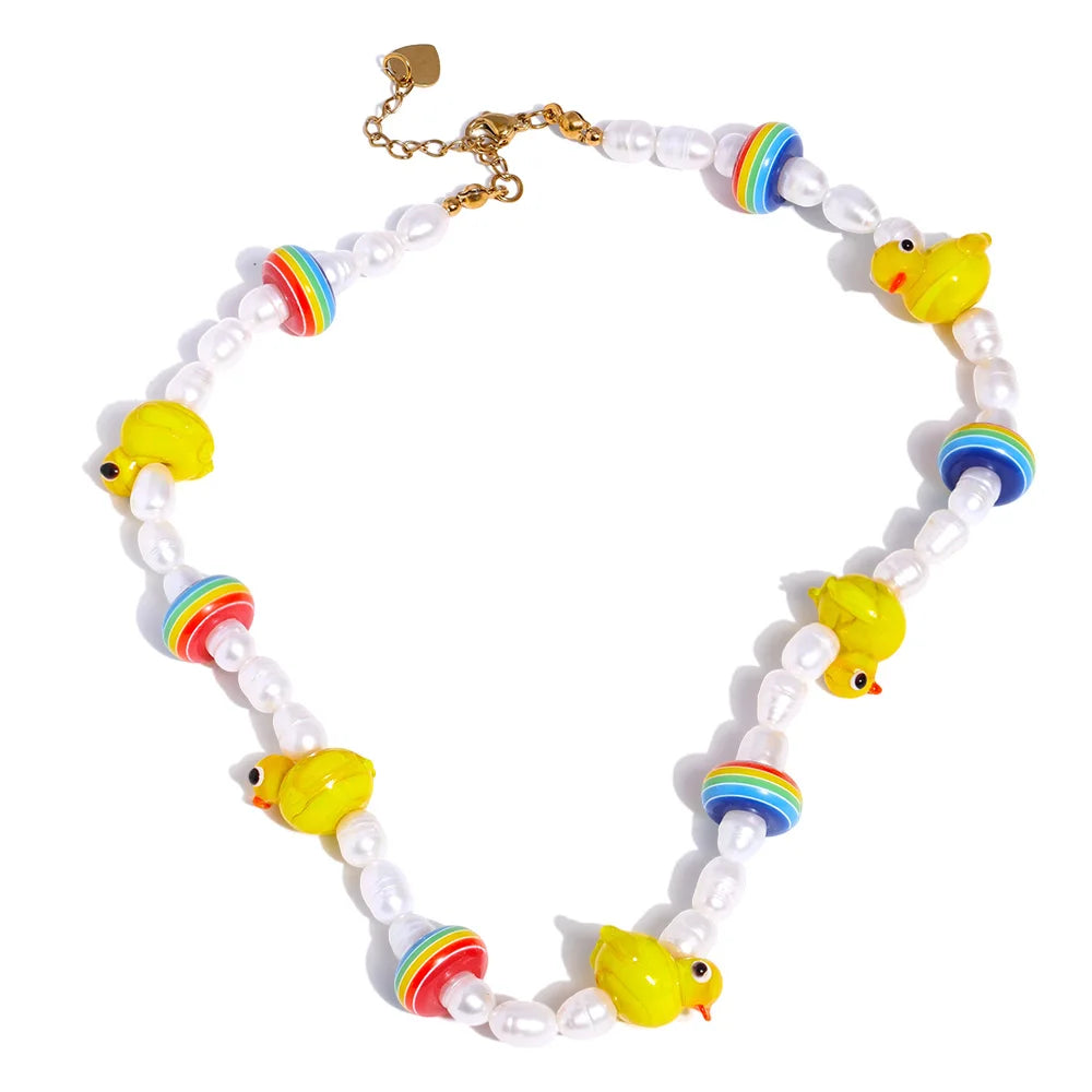 Freshwater pearls yellow duck beads chain necklace - product image