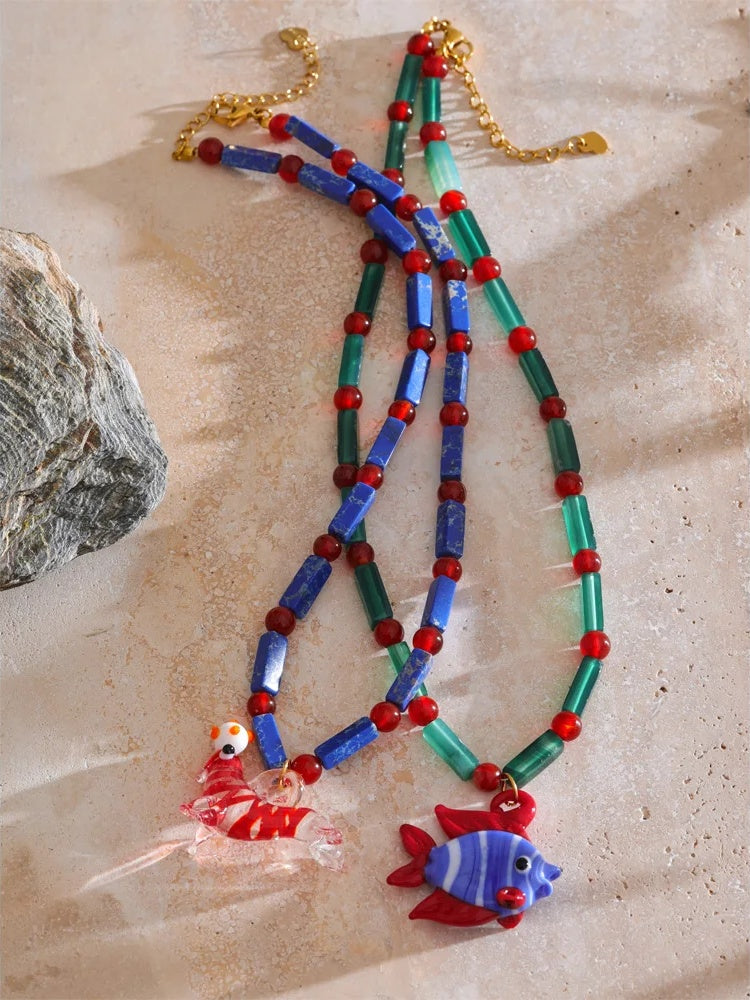 Glazed sea lion fish natural stone pendant necklace - product image