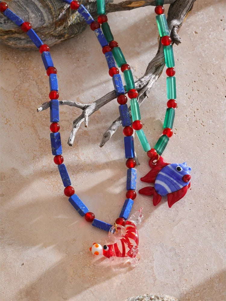 Glazed sea lion fish natural stone pendant necklace - product image