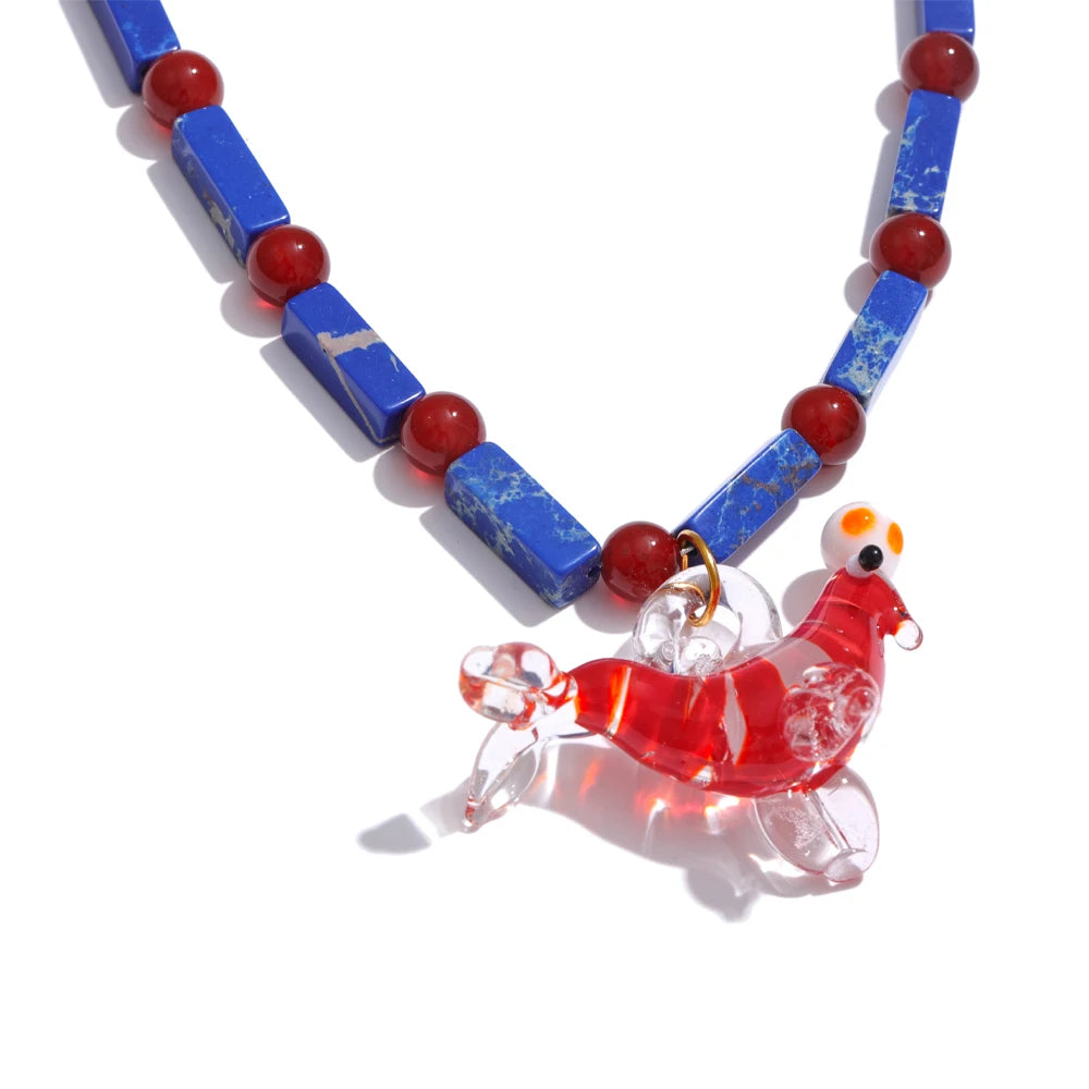 Glazed sea lion fish natural stone pendant necklace - product image