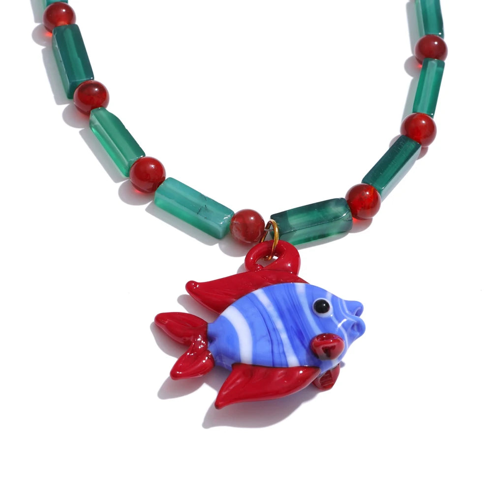Glazed sea lion fish natural stone pendant necklace - product image