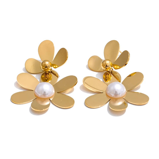 Glossy flower pearl drop earrings women - product image