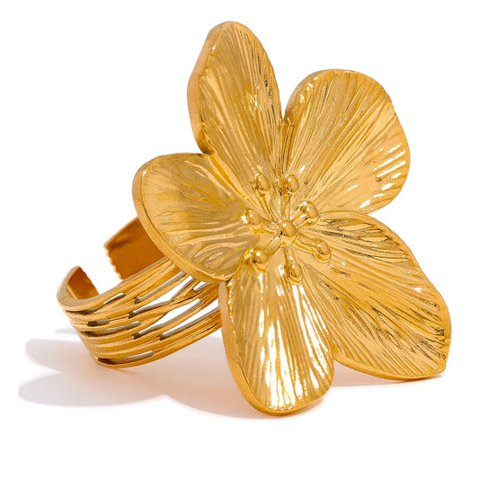 Gold color flower big open ring - product image