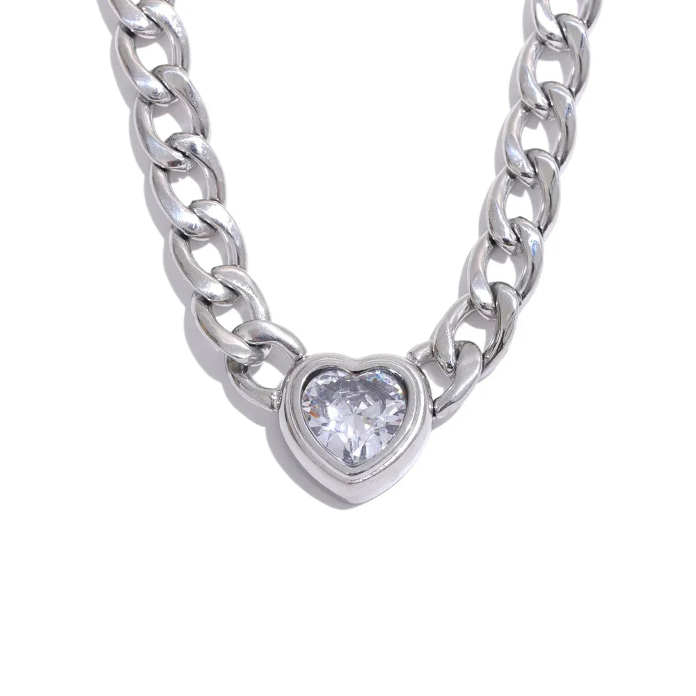 Golden chain link heart bling zirconia necklace - product image