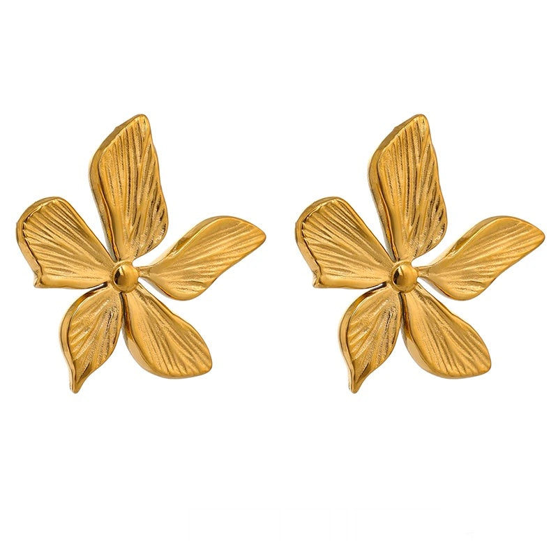 Golden flower texture stud earrings women - product image