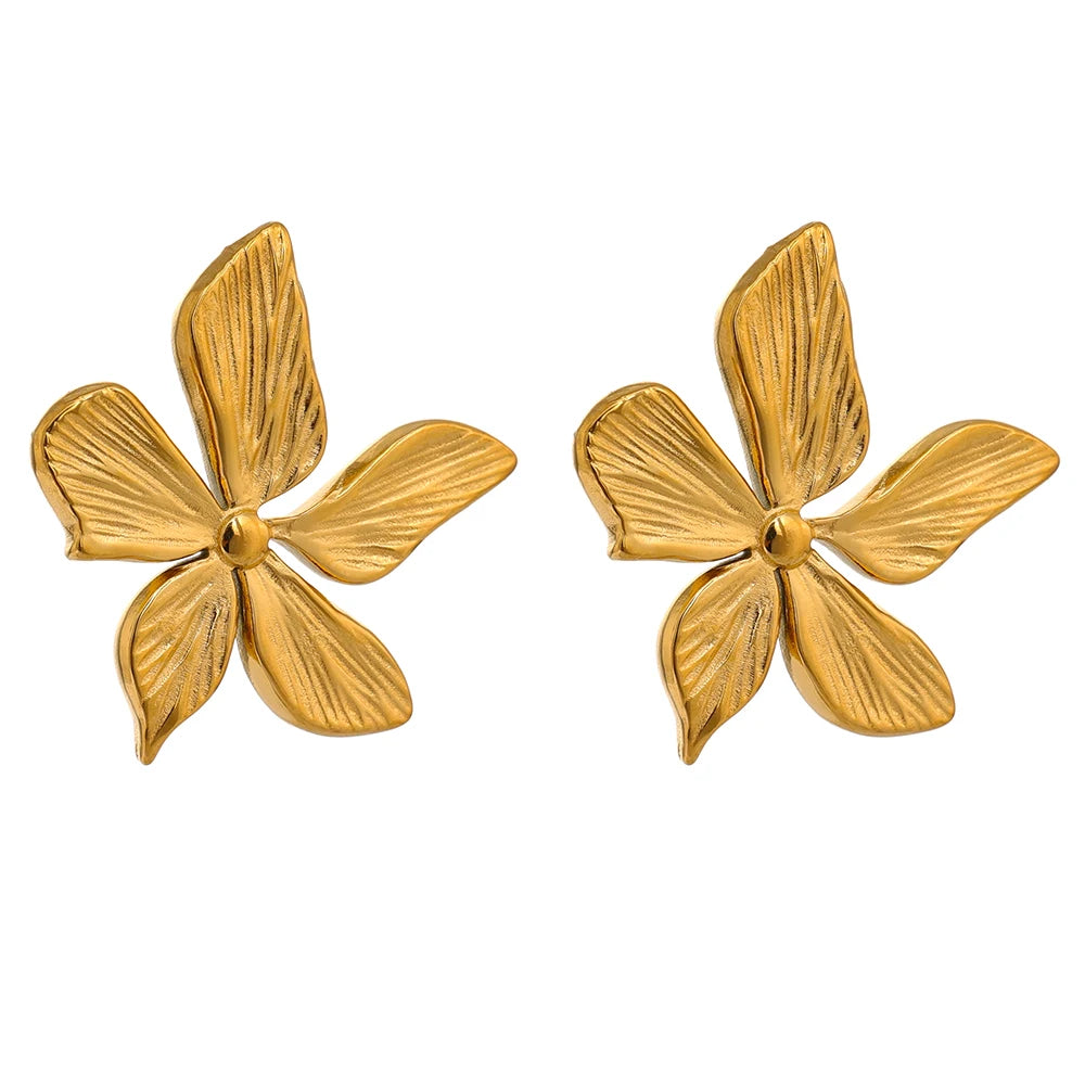 Golden flower texture stud earrings women - product image