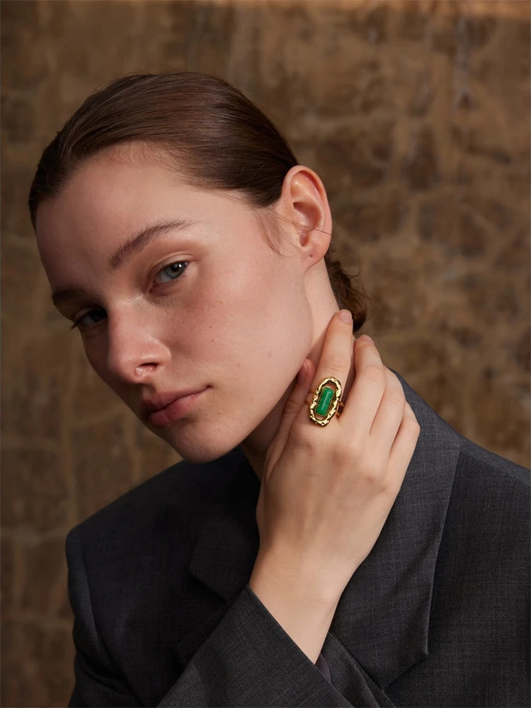 Green agate adjustable open cuff ring - product image