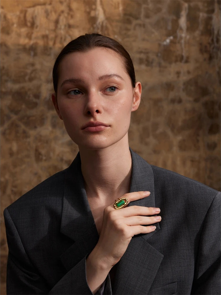 Green agate adjustable open cuff ring - product image