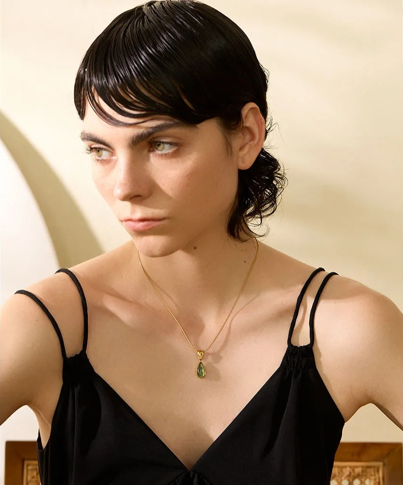 Green glass crystal water drop pendant necklace women - product image