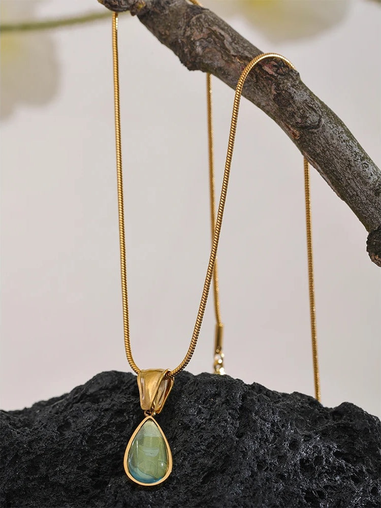 Green glass crystal water drop pendant necklace women - product image