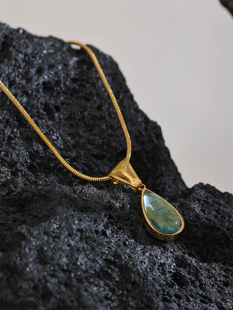 Green glass crystal water drop pendant necklace women - product image
