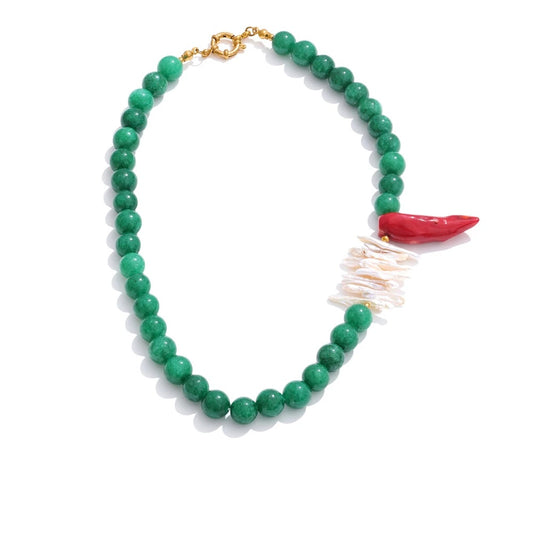 Green natural stone freshwater pearl necklace - product image