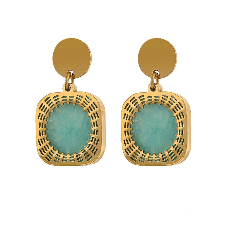 Green natural stone square dangle earrings - product image