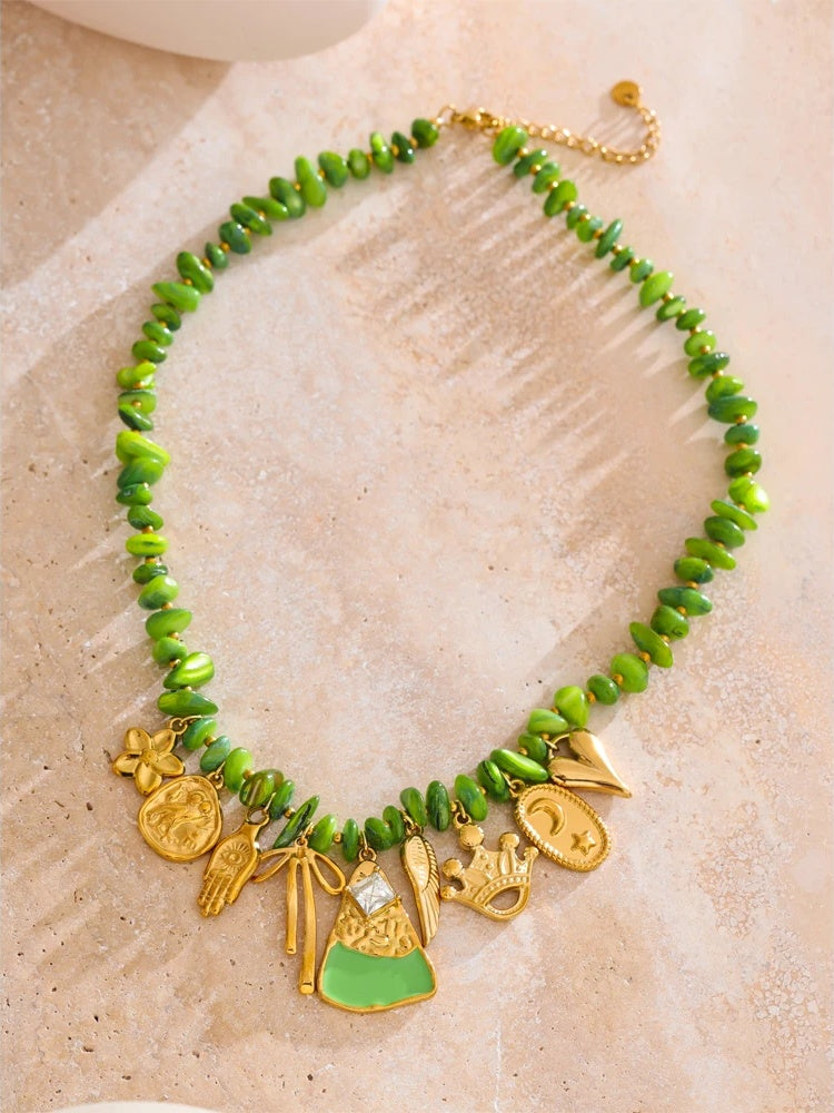 Green shell chain flower drop necklace - product image