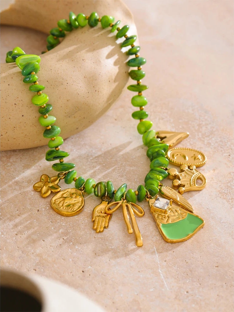 Green shell chain flower drop necklace - product image