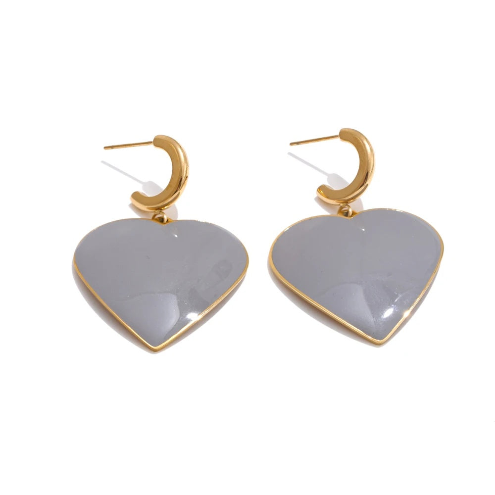 Grey enamel heart drop dangle earrings - product image