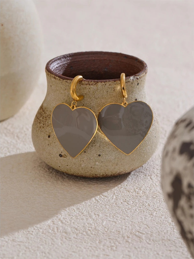 Grey enamel heart drop dangle earrings - product image