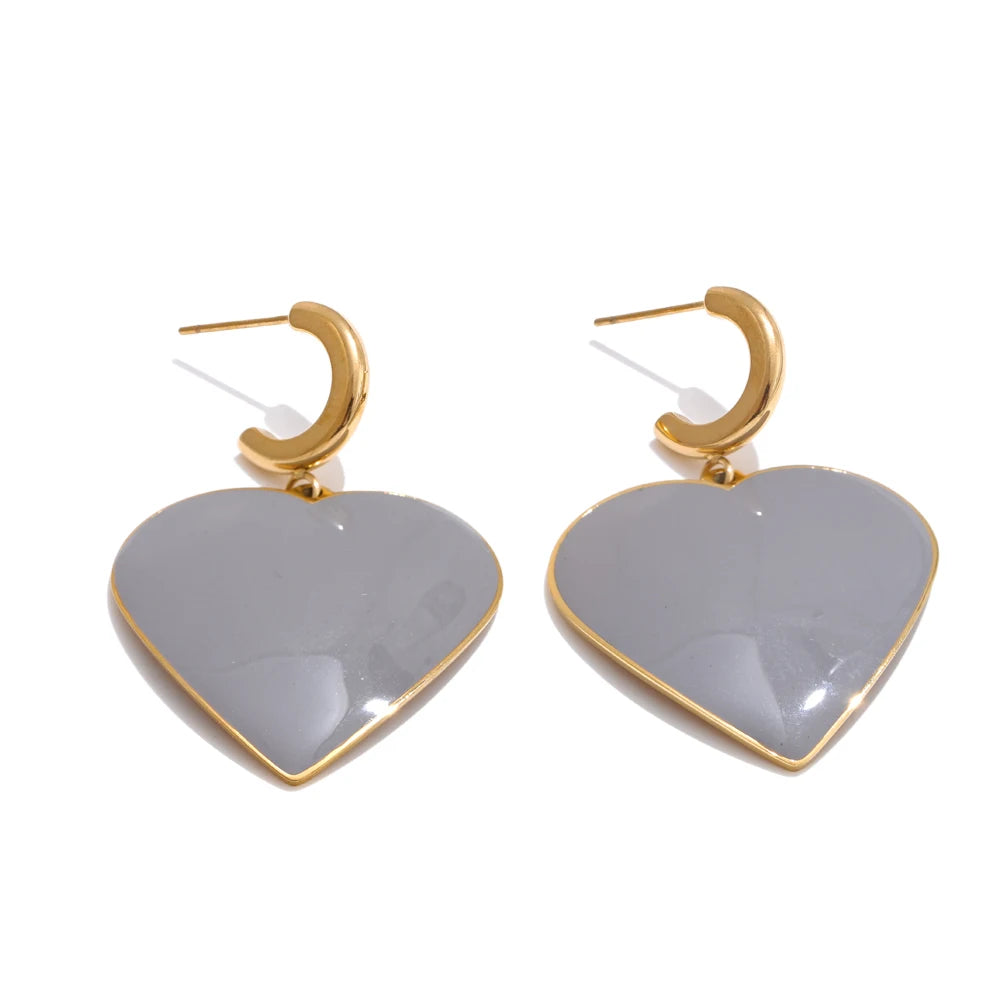 Grey enamel heart drop dangle earrings - product image