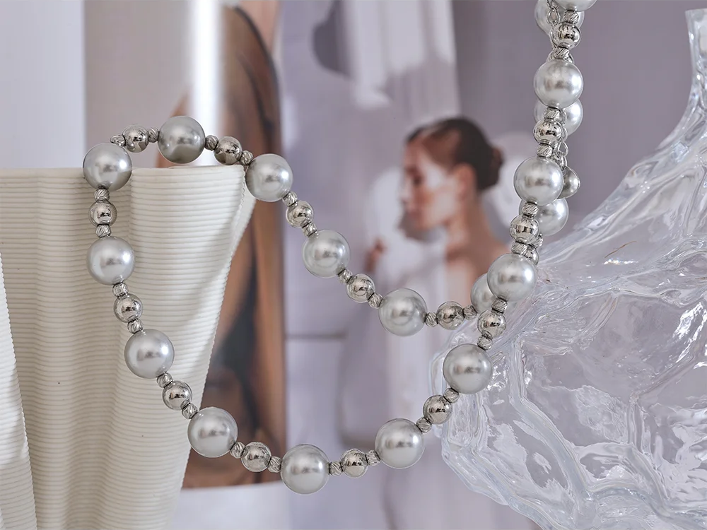 Grey imitation pearl beads minimalist pendant necklace - product image