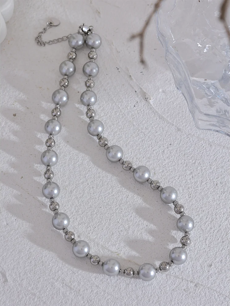 Grey imitation pearl beads minimalist pendant necklace - product image
