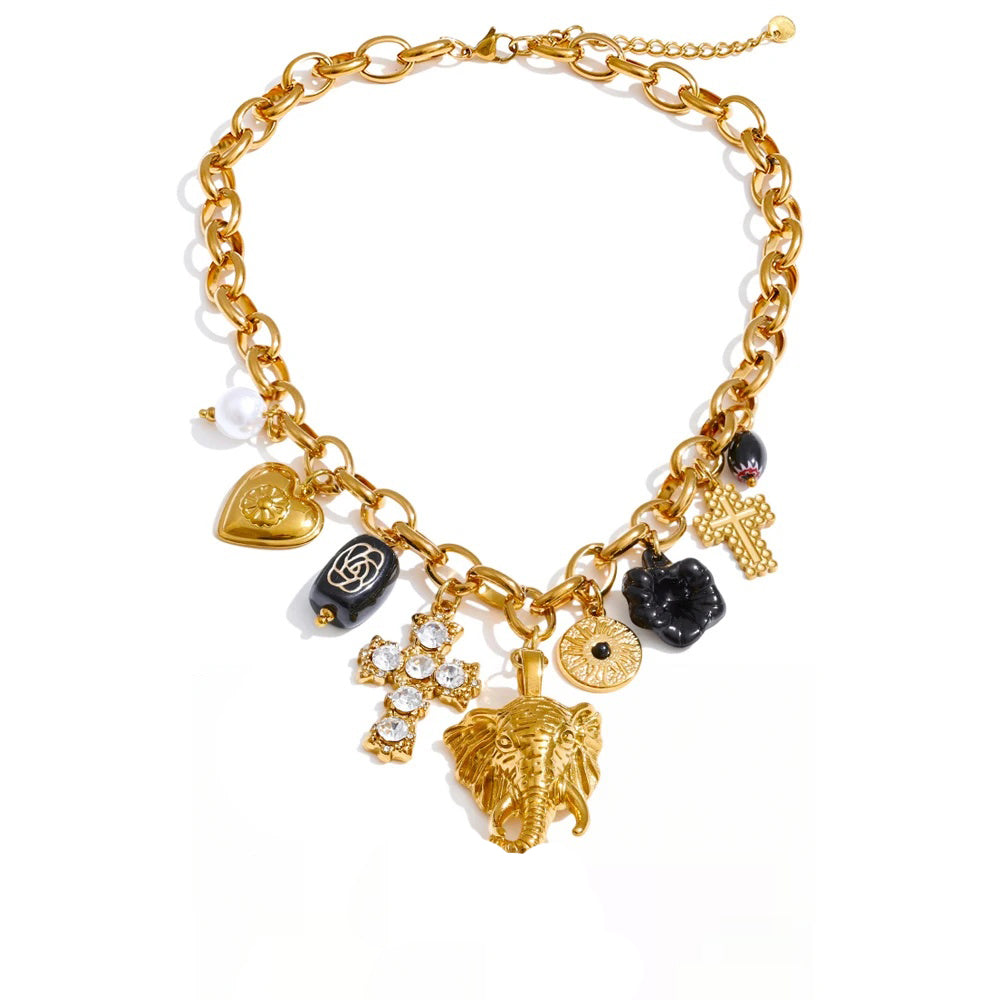 Heart flower cross elephant drop charm pendant necklace - product image