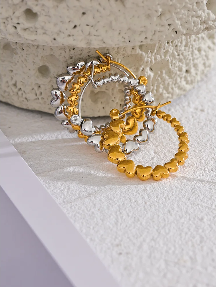 Heart gradient round gold silver color hoop earrings - product image