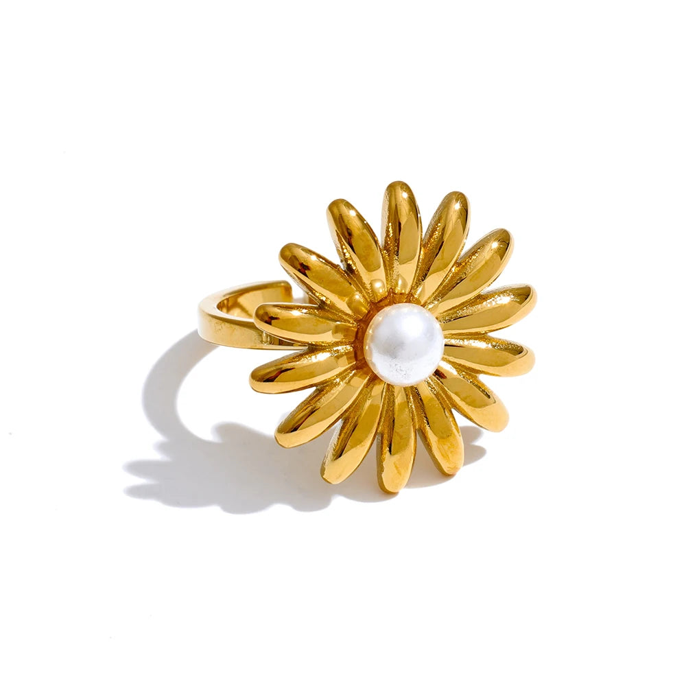 Imitation pearl sunflower adjustable ring - product image