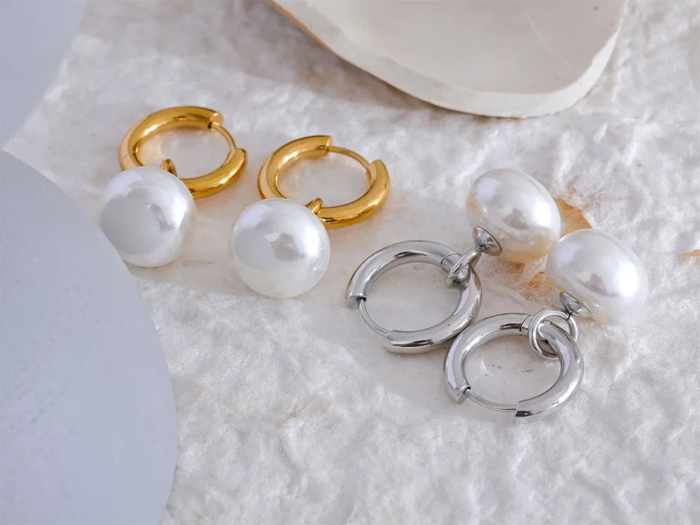 Imitation pearls drop golden korean hoop earrings - product image