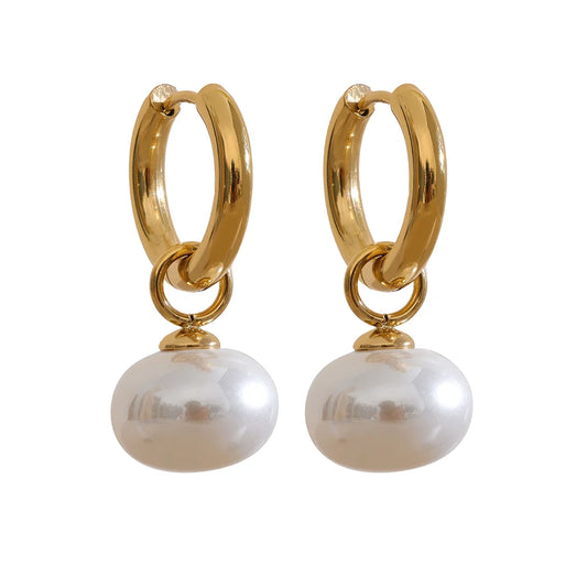 Imitation pearls drop golden korean hoop earrings - product image