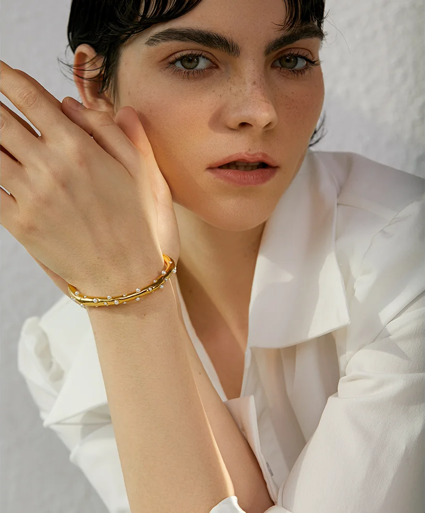 Imitation pearls open cuff minimalist bracelet bangle - product image