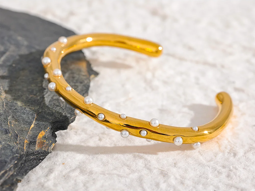 Imitation pearls open cuff minimalist bracelet bangle - product image