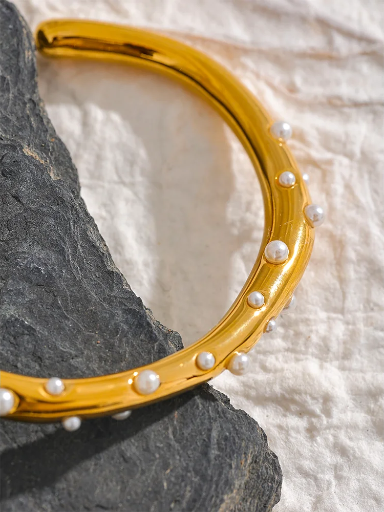 Imitation pearls open cuff minimalist bracelet bangle - product image