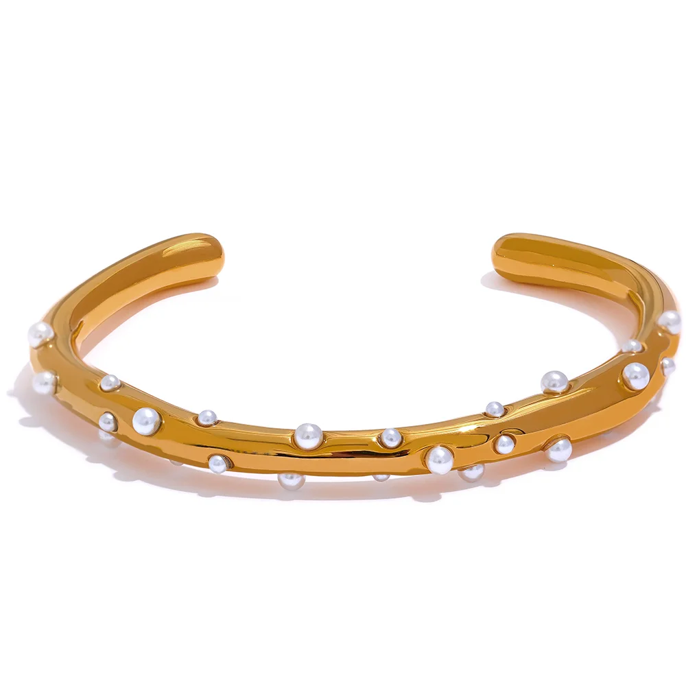 Imitation pearls open cuff minimalist bracelet bangle - product image