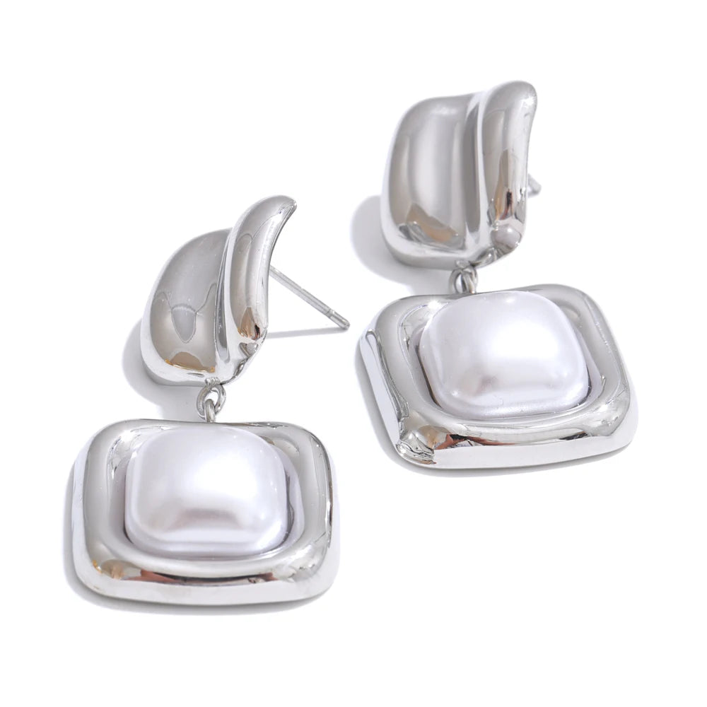 Imitation pearls square minimalist drop earrings - product image