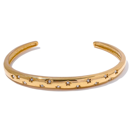 Inlaid cubic zirconia star open cuff gold color bracelet - product image