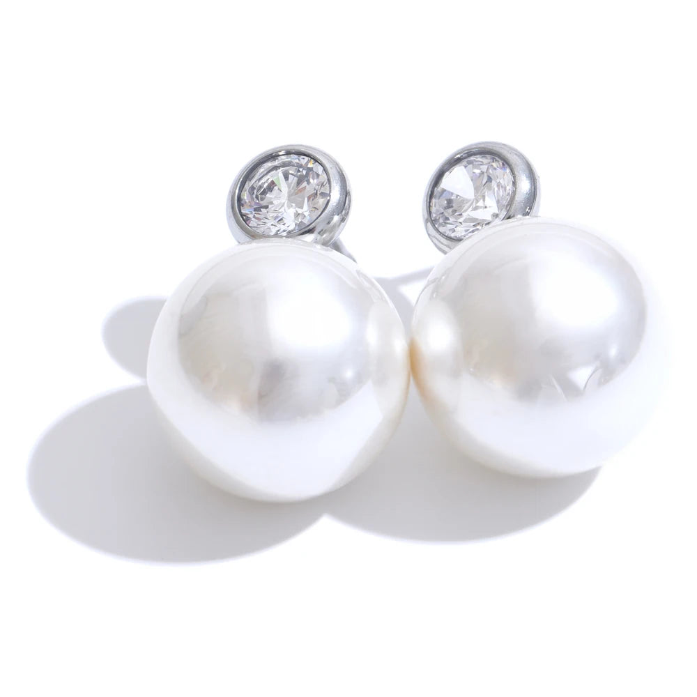 Korean style imitation pearls zircon round stud earrings - product image