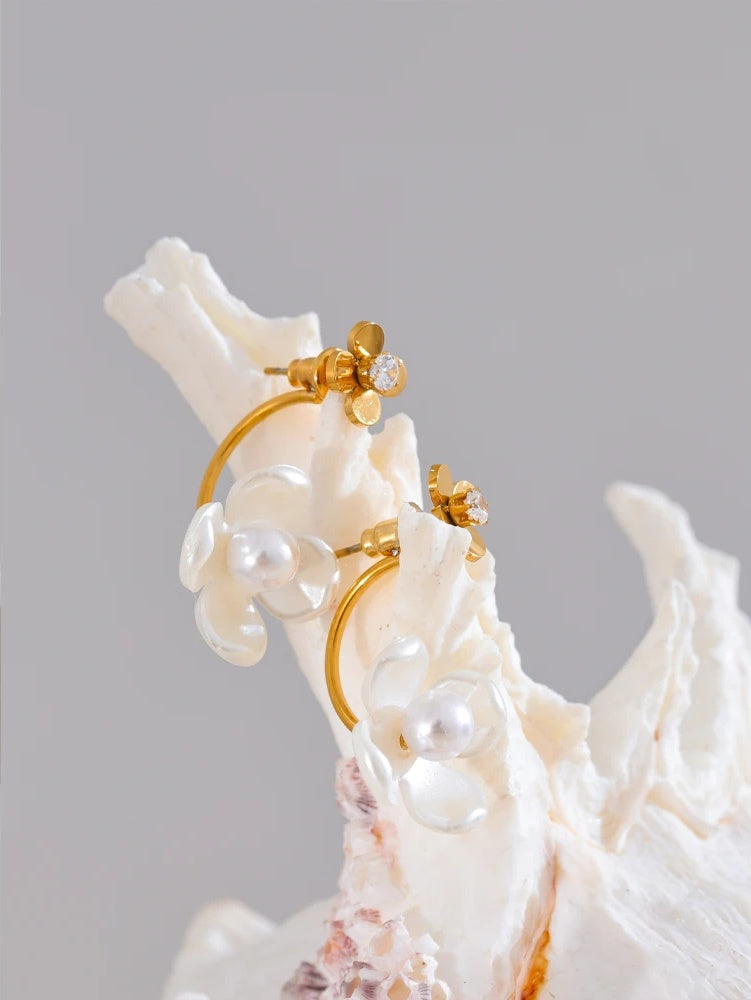 Korean style pearl resin flower zircon earrings - product image