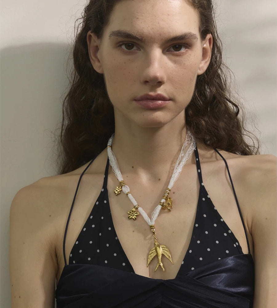 Lace chain floral swallow pendant necklace - product image