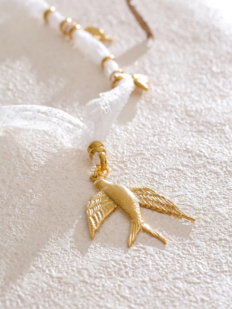 Lace chain floral swallow pendant necklace - product image
