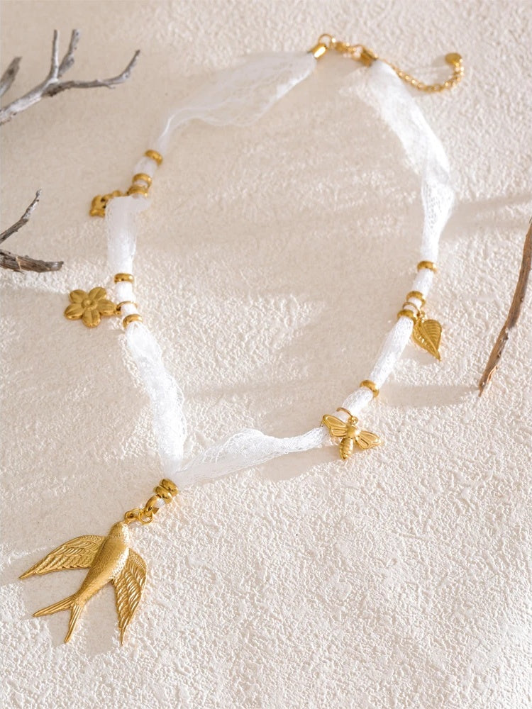 Lace chain floral swallow pendant necklace - product image