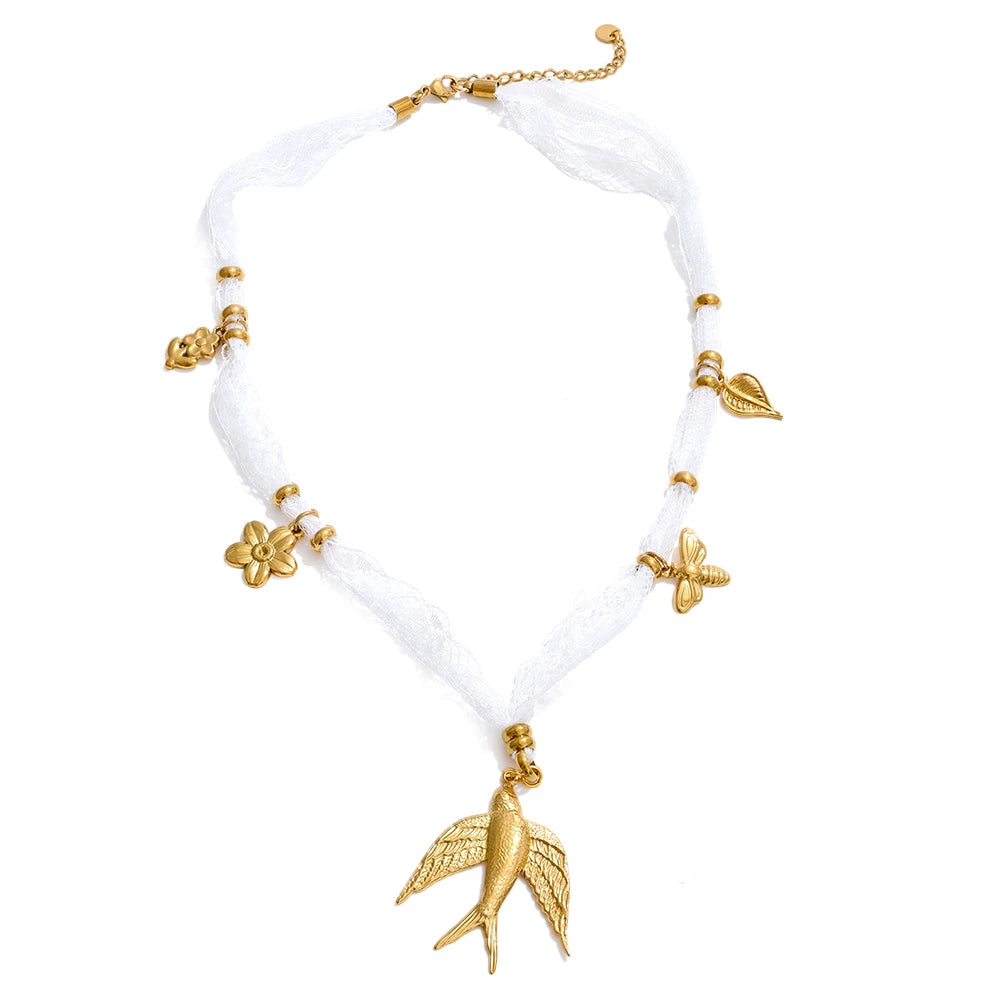 Lace chain floral swallow pendant necklace - product image