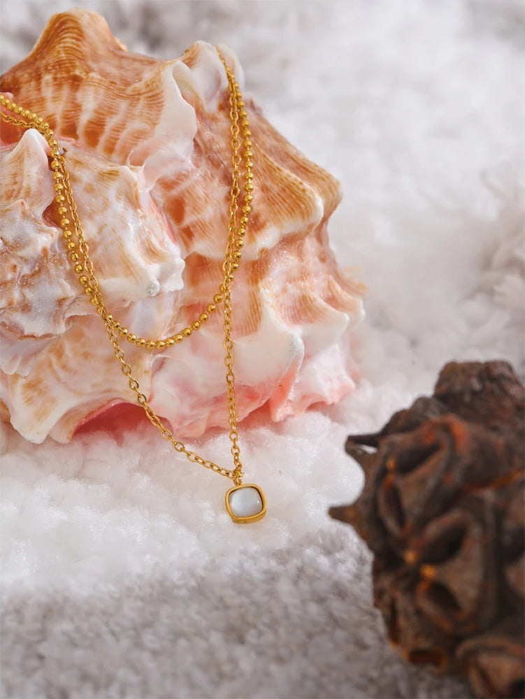 Layered chain square pendant necklace natural stone - product image