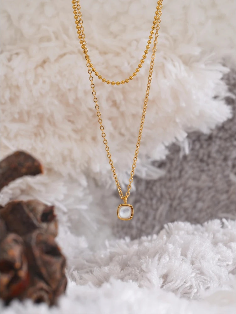 Layered chain square pendant necklace natural stone - product image